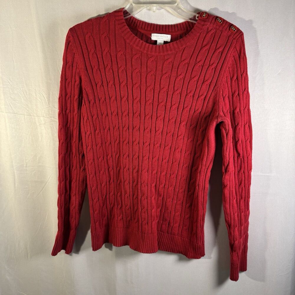 Charter Club Red Cable Knit Sweater Button Shoulder Pullover Women Petite Large